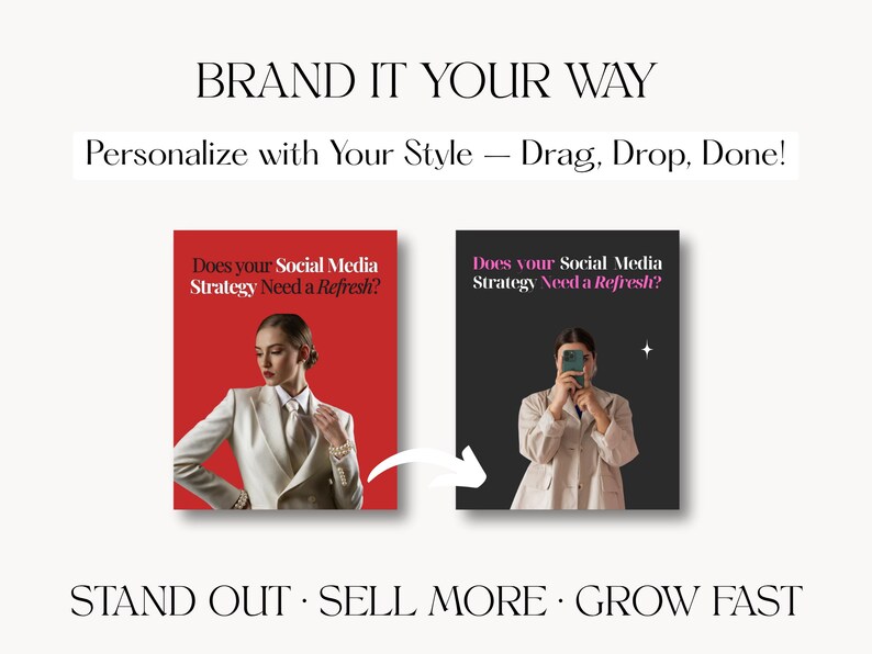 Puede incluir: Imagen con el texto "BRAND IT YOUR WAY" y "Personaliza con tu estilo - Arrastrar, soltar, &iexcl;listo!". Se muestran dos im&aacute;genes, una con fondo rojo y otra con fondo negro. Ambas im&aacute;genes tienen el texto "&iquest;Necesita tu estrategia de redes sociales una actualizaci&oacute;n?"