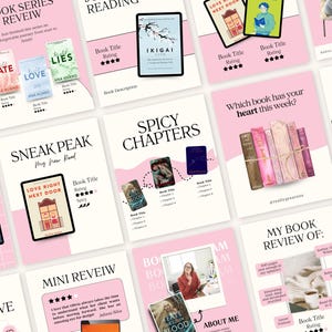 Op de afbeelding: Een verzameling roze en witte graphics met boekrecensies. Elke graphic toont boekomslagen, titels en beoordelingen. Sommige graphics bevatten de tekst "Spicy Chapters", "Sneak Peak" en "Mini Review". Het algemene thema zijn boekrecensies.