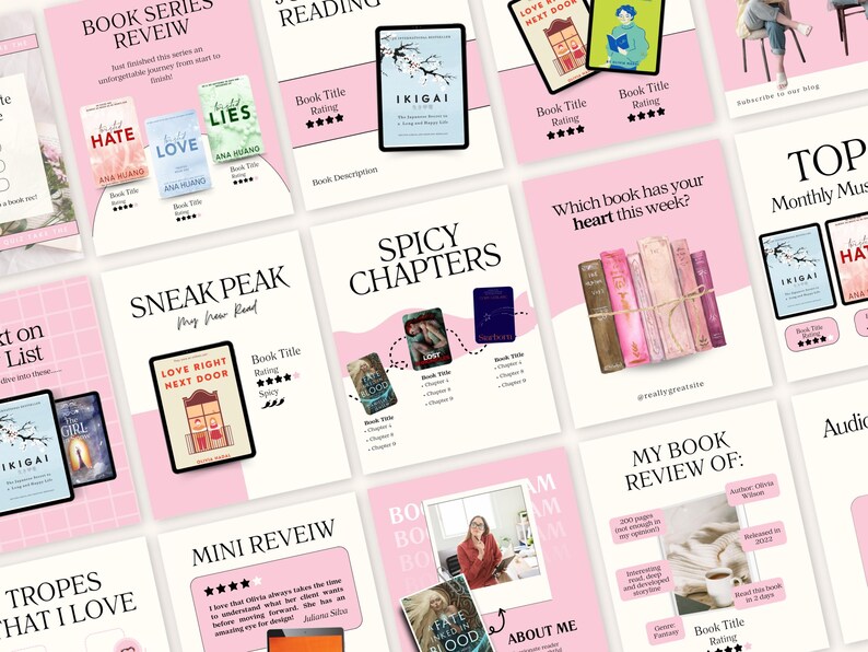 Op de afbeelding: Een verzameling roze en witte graphics met boekrecensies. Elke graphic toont boekomslagen, titels en beoordelingen. Sommige graphics bevatten de tekst "Spicy Chapters", "Sneak Peak" en "Mini Review". Het algemene thema zijn boekrecensies.
