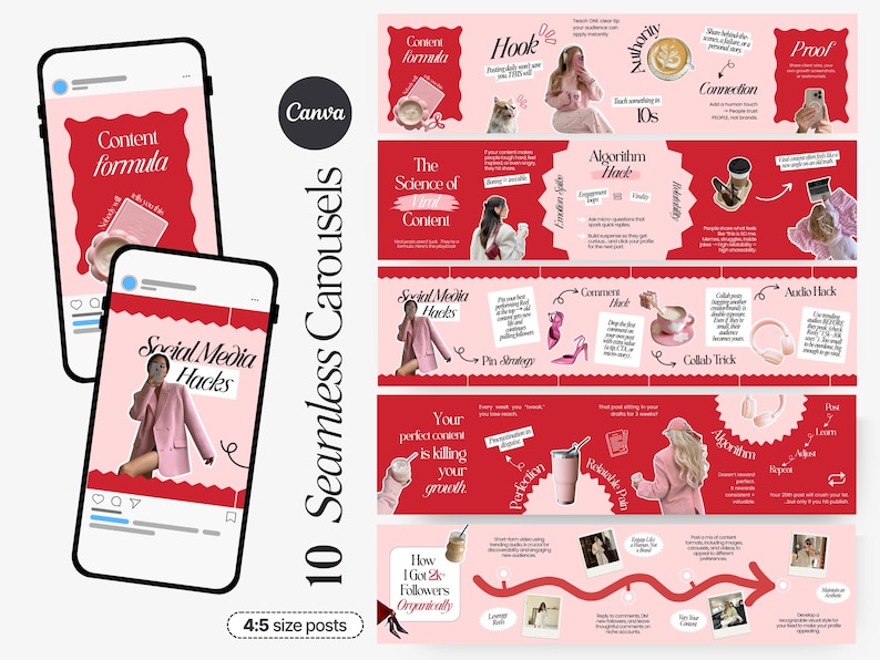May include: A digital marketing graphic with the text "10 Seamless Carousels" and "Canva". The design features pink and white elements, including mockups of phone screens with social media posts. The posts contain text like "Content formula" and "Social Media Hacks".