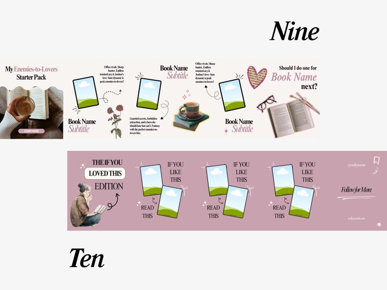 May include: A graphic design featuring a "My Enemies-to-Lovers Starter Pack" with book covers, text, and illustrations. The design includes the text "Nine" and "Ten", and the phrase "Should I do one for Book Name next?"