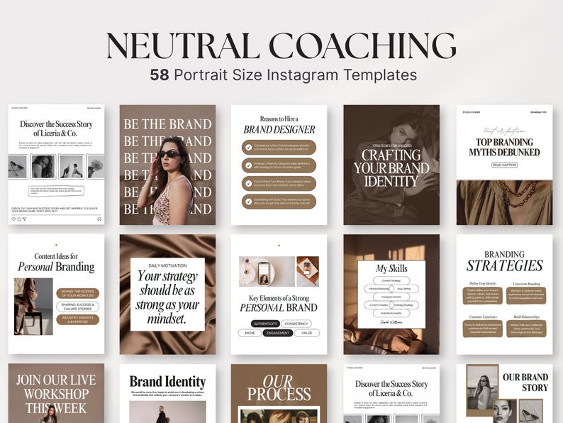 Op de afbeelding: Een verzameling van 58 Instagram-sjablonen in portretformaat voor coaching, met een neutraal kleurenpalet. De sjablonen bevatten tekst zoals "Neutral Coaching", "Brand Designer" en "Personal Branding", met afbeeldingen van mensen en designelementen.