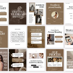 Op de afbeelding: Een verzameling marketing- en brandingstrategiegidsen met titels als "Branding Strategies", "Crafting Your Brand Identity" en "Elevate Your Brand". De pagina's zijn in bruine en beige tinten, met afbeeldingen en tekst.