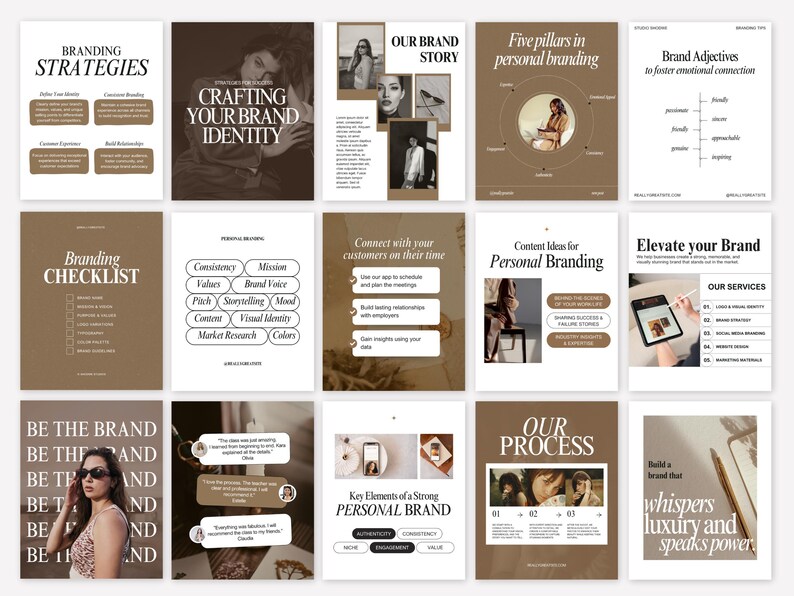 Op de afbeelding: Een verzameling marketing- en brandingstrategiegidsen met titels als "Branding Strategies", "Crafting Your Brand Identity" en "Elevate Your Brand". De pagina's zijn in bruine en beige tinten, met afbeeldingen en tekst.