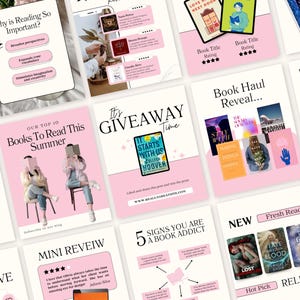 Op de afbeelding: Een verzameling roze en witte grafische ontwerpen die boeken en lezen promoten. De ontwerpen bevatten boekomslagen, citaten en lijsten, met tekst als "Waarom is lezen zo belangrijk?" en "Boeken om deze zomer te lezen."