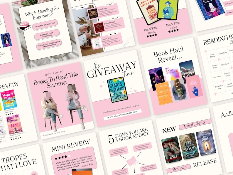 Op de afbeelding: Een verzameling roze en witte grafische ontwerpen die boeken en lezen promoten. De ontwerpen bevatten boekomslagen, citaten en lijsten, met tekst als "Waarom is lezen zo belangrijk?" en "Boeken om deze zomer te lezen."