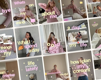 May include: A collection of social media story templates featuring a person in various settings, including a bedroom and kitchen. The images contain pastel-colored text overlays such as 'Whats on my mind', 'about me', 'ootd', 'life lately', and 'how I plan (my) content'.