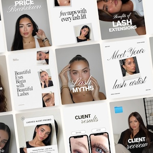 May include: A collection of social media templates for lash services featuring portraits of a person with dark hair and various text overlays including Price Breakdown, free naps with every lash lift, Benefits of LASH EXTENSIONS, and Lash MYTHS.
