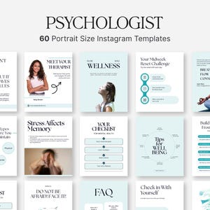 Puede incluir: Un conjunto de 60 plantillas de Instagram en formato retrato para psicólogos. Las plantillas presentan una combinación de colores azul claro y blanco con texto e imágenes relacionadas con la salud mental, el bienestar y el autocuidado. Las plantillas incluyen texto como "Conoce a tu terapeuta".