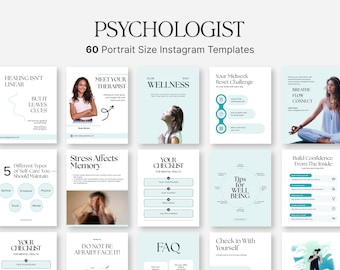60 Psychologist Instagram Templates – Therapist Posts, Psychology Canva Templates, Mental Health & Self-Care Content for Wellness Coaches