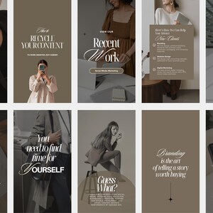 May include: A collection of Instagram story templates with a neutral color palette. The templates feature text overlays with phrases like "Recycle Your Content," "Recent Work," and "Branding." The overall theme is marketing and branding.