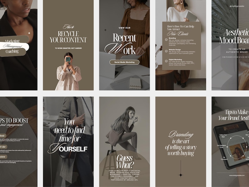 May include: A collection of Instagram story templates with a neutral color palette. The templates feature text overlays with phrases like "Recycle Your Content," "Recent Work," and "Branding." The overall theme is marketing and branding.