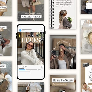 May include: A digital collage of social media content templates featuring various lifestyle imagery, including coffee, fashion, and interior shots, overlaid with text such as Viral Hooks, How to plan your Content, and The First 2 Seconds.