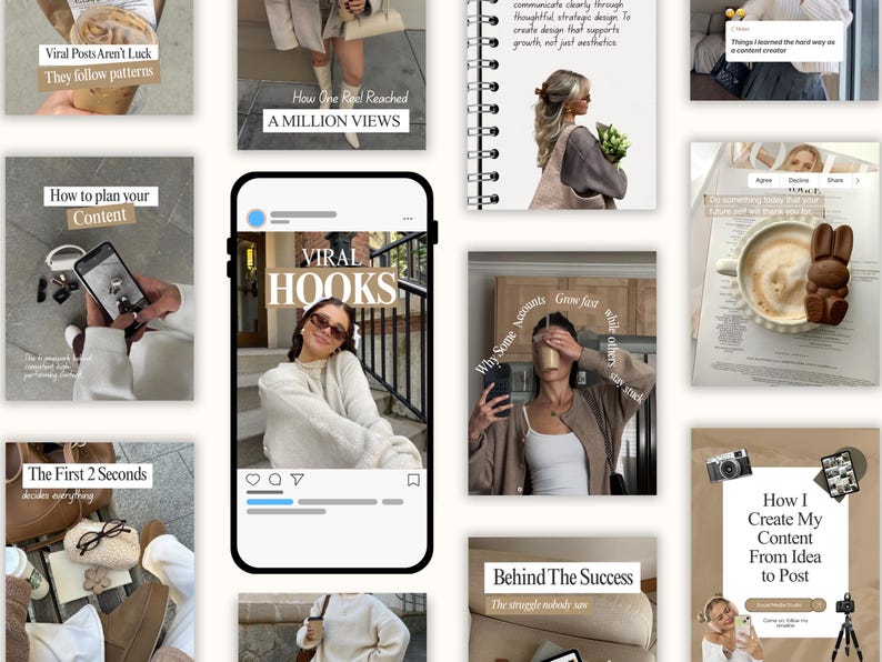 May include: A digital collage of social media content templates featuring various lifestyle imagery, including coffee, fashion, and interior shots, overlaid with text such as Viral Hooks, How to plan your Content, and The First 2 Seconds.