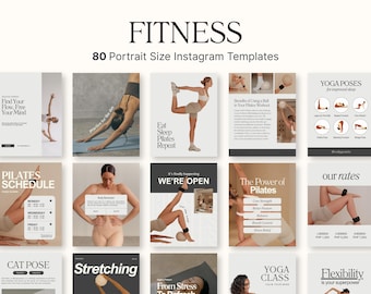 May include: A collection of 80 portrait-size Instagram templates with a fitness theme. The templates feature images of yoga poses, Pilates exercises, and text such as "Fitness", "Pilates Schedule", and "Yoga Poses". The color palette is neutral with beige and white.