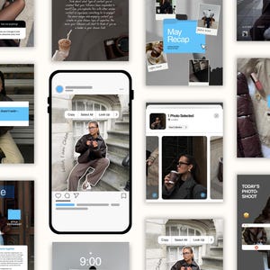 May include: A collage of Instagram-style images featuring a woman in various settings. The images include text overlays like "May Recap," "About me," and "Today's Photo-Shoot." The central image shows a phone screen with a photo and the text "hello, I am Chloe."