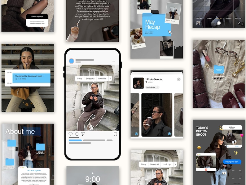 May include: A collage of Instagram-style images featuring a woman in various settings. The images include text overlays like "May Recap," "About me," and "Today's Photo-Shoot." The central image shows a phone screen with a photo and the text "hello, I am Chloe."