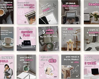 40 Pink Aesthetic Instagram Carousel Covers for Digital Product Sellers PLR, Cozy IG Linkedin TikTok Carousel, Editable Viral Canva Template