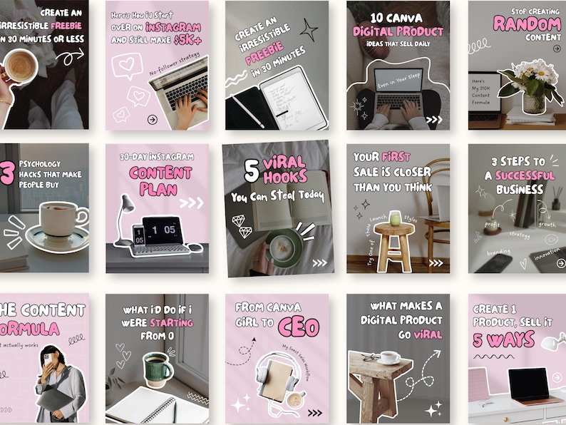 May include: A collection of pink and gray social media graphics with white text. Topics include creating freebies, Instagram strategies, digital products, content plans, and business tips. Each graphic features a different layout and design.