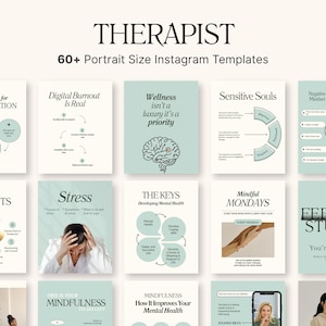 Może przedstawiać: Zestaw ponad 60 szablonów Instagram w formacie portretowym dla terapeutów. Szablony zawierają pastelowe zielone i białe tła z tekstem i grafiką związaną ze zdrowiem psychicznym, w tym afirmacje, radzenie sobie ze stresem i uważność.