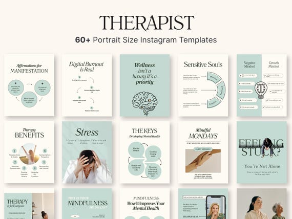 Therapist Instagram Posts, Mental Health Coach, Counseling, Counselor, Psychologist Posts, Anxiety, Wellness & Mindfulness Social Media Kit