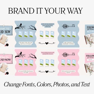 K&ouml;nnte beinhalten: Ein Bild mit dem Text "BRAND IT YOUR WAY" und "Change Fonts, Colors, Photos, and Text". Das Bild zeigt Buch-Themen-Grafiken, darunter ein Schl&uuml;ssel, ein Rabe auf einem Ast und die Worte "WHAT TO READ NOW".