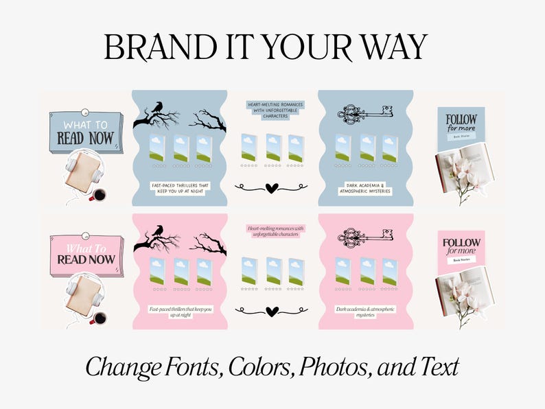 K&ouml;nnte beinhalten: Ein Bild mit dem Text "BRAND IT YOUR WAY" und "Change Fonts, Colors, Photos, and Text". Das Bild zeigt Buch-Themen-Grafiken, darunter ein Schl&uuml;ssel, ein Rabe auf einem Ast und die Worte "WHAT TO READ NOW".