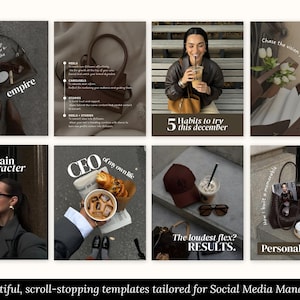 May include: A collection of social media templates with a minimalist aesthetic. The images feature various lifestyle elements, including a handbag, coffee, and text overlays with phrases like "empire" and "Personal Brand."