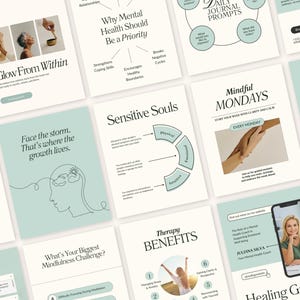 May include: A collection of informational cards with a light teal and cream color scheme. The cards feature text and graphics related to mental health, mindfulness, and therapy. Some cards include the text "Glow From Within", "Mindful Mondays", and "Healing Guide".