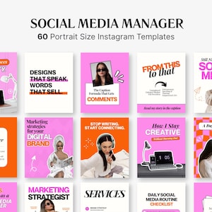 May include: A collection of 60 Instagram templates for social media managers. The templates feature a pink and orange color scheme with text overlays, including phrases like "Designs That Speak" and "Social Media Manager."