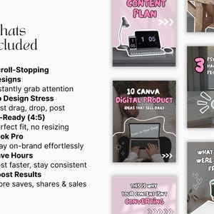 May include: A collection of digital product marketing templates with pink and white backgrounds. The templates include text such as "Content Plan", "10 Canva Digital Product", and "Psychology Hacks". The image also includes a laptop, coffee cup, and a desk lamp.