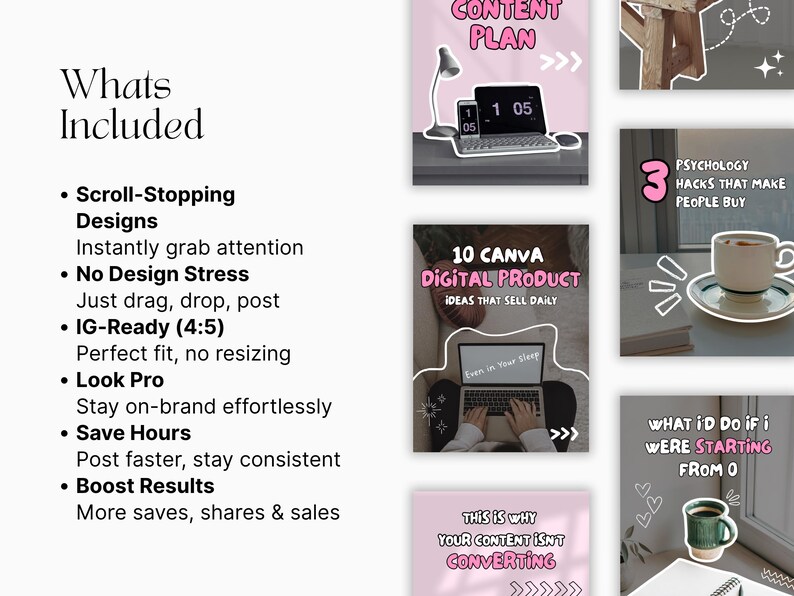 May include: A collection of digital product marketing templates with pink and white backgrounds. The templates include text such as "Content Plan", "10 Canva Digital Product", and "Psychology Hacks". The image also includes a laptop, coffee cup, and a desk lamp.