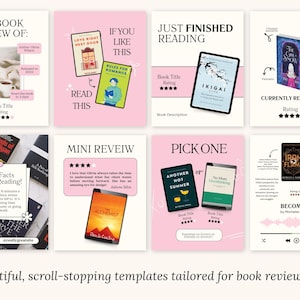 Op de afbeelding: Een verzameling roze en witte sjablonen voor boekrecensies. Elke sjabloon bevat boekomslagen, titels en beoordelingen. Sommige sjablonen bevatten tekst zoals "My Book Review Of" en "Just Finished Reading". De onderkant van de afbeelding luidt "Beautiful, scroll-stopping templates tailored for book reviewers."