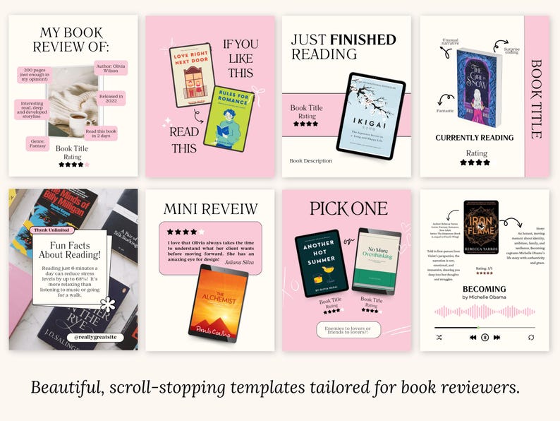 Op de afbeelding: Een verzameling roze en witte sjablonen voor boekrecensies. Elke sjabloon bevat boekomslagen, titels en beoordelingen. Sommige sjablonen bevatten tekst zoals "My Book Review Of" en "Just Finished Reading". De onderkant van de afbeelding luidt "Beautiful, scroll-stopping templates tailored for book reviewers."