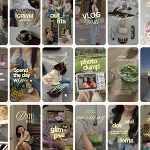 Puede incluir: Una colección de dieciocho marcos de imagen digitales verticales que presentan fotografías de estilo de vida, incluyendo retratos, comida, bebidas y escenas de viajes, superpuestos con varios subtítulos de texto como GRWM, vlog daily y day in my life.