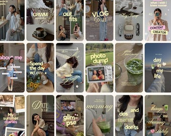 May include: A collection of eighteen vertical digital image frames featuring lifestyle photography, including portraits, food, beverages, and travel scenes, overlaid with various text captions such as GRWM, vlog daily, and day in my life.