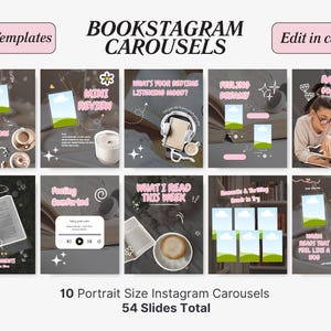May include: A collection of 10 portrait-size Instagram carousel templates with 54 slides total. The templates feature cozy designs with text like "Cozy Templates" and "Bookstagram Carousels." Each template includes images of books, coffee, and other related items.