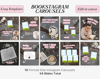 Rosa mysiga Bookstagram Canva-karusellmallar | Bokinspirerade sociala medier | Författare, bokinfluencer, innehållsskapare, bokälskarinlägg, estetik