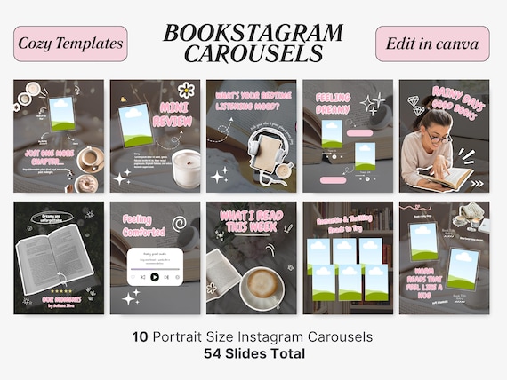 Pink Cozy Bookstagram Canva Carousel Templates | Bookish Social Media | Author, Book Influencer, Content Creator, Book Lover Post, Aesthetic