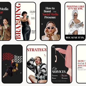 Puede incluir: Una colecci&oacute;n de gr&aacute;ficos del tama&ntilde;o de un smartphone con texto e im&aacute;genes relacionadas con las redes sociales, la marca y el marketing. Los gr&aacute;ficos presentan modelos, superposiciones de texto y frases como "Social Media Webinar" y "How to Boost Your Social Media Presence."