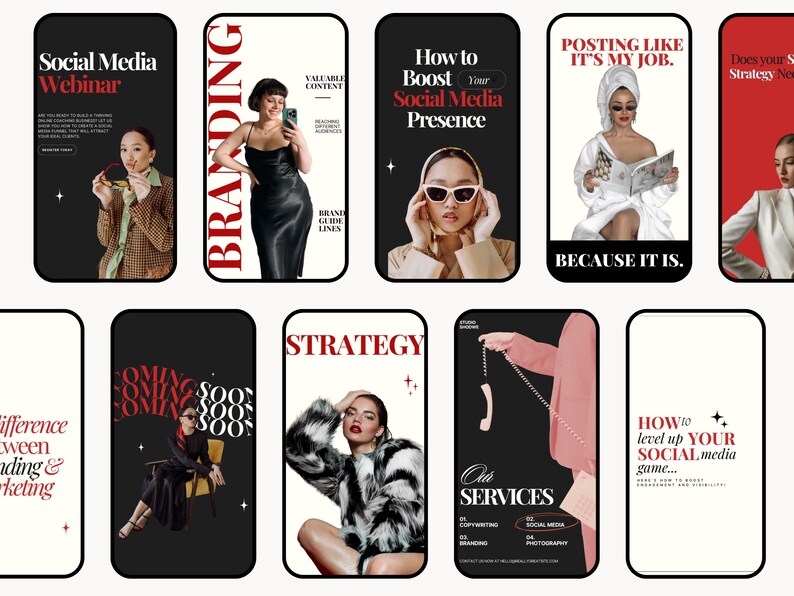 Puede incluir: Una colecci&oacute;n de gr&aacute;ficos del tama&ntilde;o de un smartphone con texto e im&aacute;genes relacionadas con las redes sociales, la marca y el marketing. Los gr&aacute;ficos presentan modelos, superposiciones de texto y frases como "Social Media Webinar" y "How to Boost Your Social Media Presence."