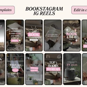 Puede incluir: Un conjunto de 12 plantillas de Instagram Reels con temática de libros. Cada plantilla presenta una pancarta rosa con texto blanco. Las plantillas incluyen texto como "Book Picks" y "Top 5 Books to Read".