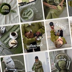 May include: A collection of images with a green theme. The images feature a cup with a lemon slice, a matcha drink, coffee and cake, a handbag, a person with a camera, an iPad, and a teddy bear with headphones. Text includes "Every post a power move" and "2026 trends".