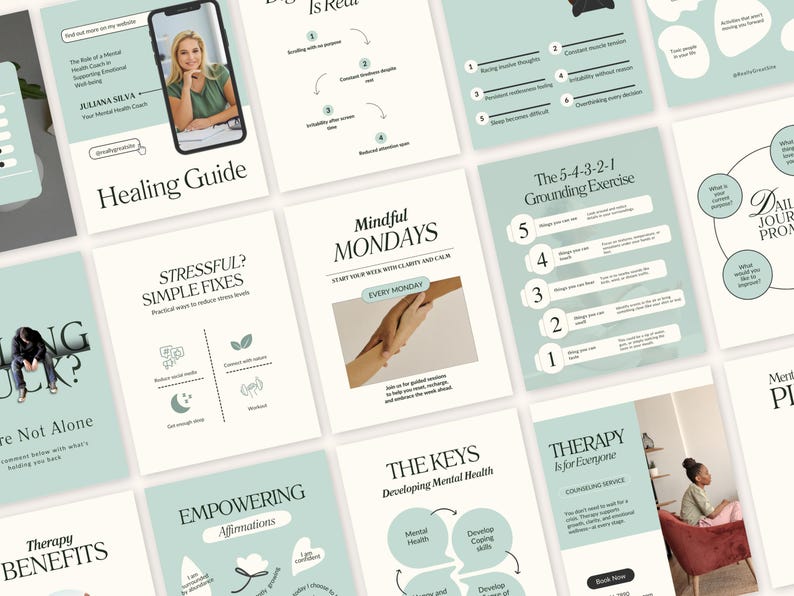 May include: A collection of informational cards with a light teal and white color scheme. The cards feature text and graphics related to mental health, including "Healing Guide," "Mindful Mondays," and "Therapy for Everyone."