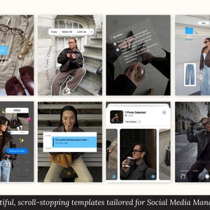 May include: A collage of images showcasing social media templates. The images feature fashion and lifestyle themes, with text overlays and interface elements. The text in the image says "Today's Photo-Shoot" and "Beautiful, scroll-stopping templates tailored for Social Media Managers."