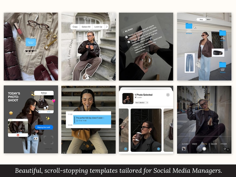 May include: A collage of images showcasing social media templates. The images feature fashion and lifestyle themes, with text overlays and interface elements. The text in the image says "Today's Photo-Shoot" and "Beautiful, scroll-stopping templates tailored for Social Media Managers."