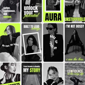 May include: A collection of black and white images with motivational text overlays. The images feature women in business attire, with phrases like "Unlock Your Potential," "Boss Up," and "My Story." The overall theme is empowerment and success.