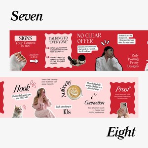 May include: A graphic with red and pink banners containing text about content creation. The top banner has the word "Seven" and the bottom banner has the word "Eight". The banners contain text and images related to social media marketing.