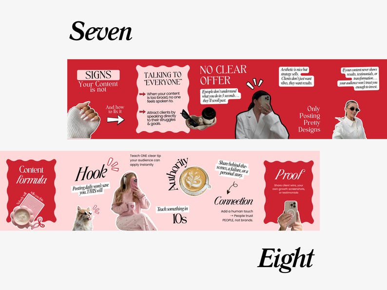 May include: A graphic with red and pink banners containing text about content creation. The top banner has the word "Seven" and the bottom banner has the word "Eight". The banners contain text and images related to social media marketing.