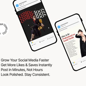 Puede incluir: Dos tel&eacute;fonos inteligentes que muestran plantillas de redes sociales. Uno muestra "COMING SOON" en texto rojo y blanco, el otro dice "How to be Professional on Social Media". El texto adicional incluye "Grow Your Social Media Faster" y "Made in Canva Templates."